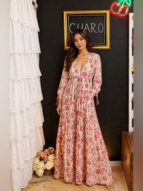 Playa Lucila Pink Floral Block Print Maxi Dress size M